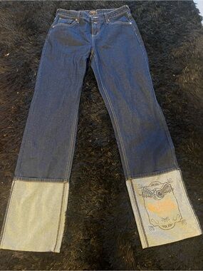 Von Dutch Two-Tone Dark Blue Denim Wide Leg Jeans with Embroidered Cuffs